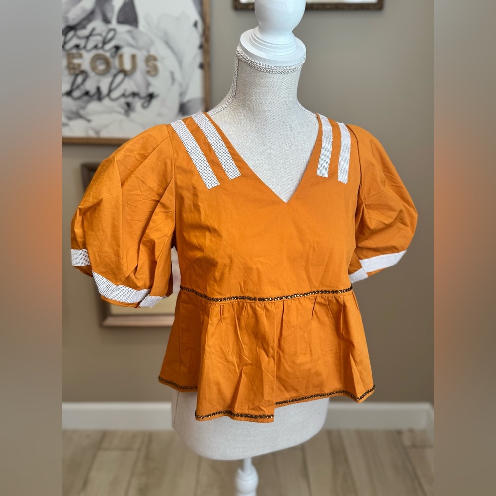 New! QUEEN OF SPARKLES Burnt Orange Jersey Peplum Top